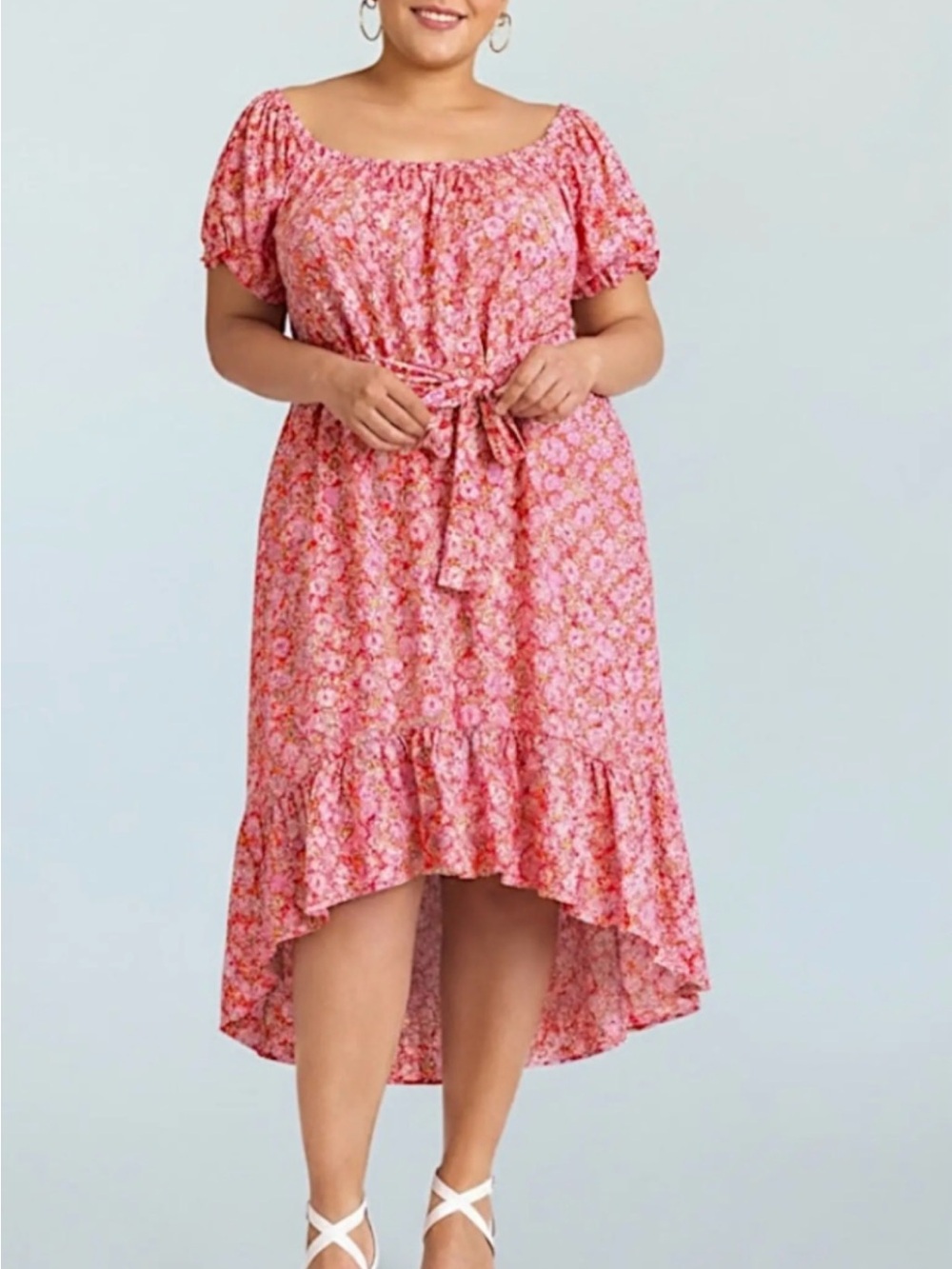 Bar III floral off shoulder midi dress belted waist ruffled high low hem Sz L